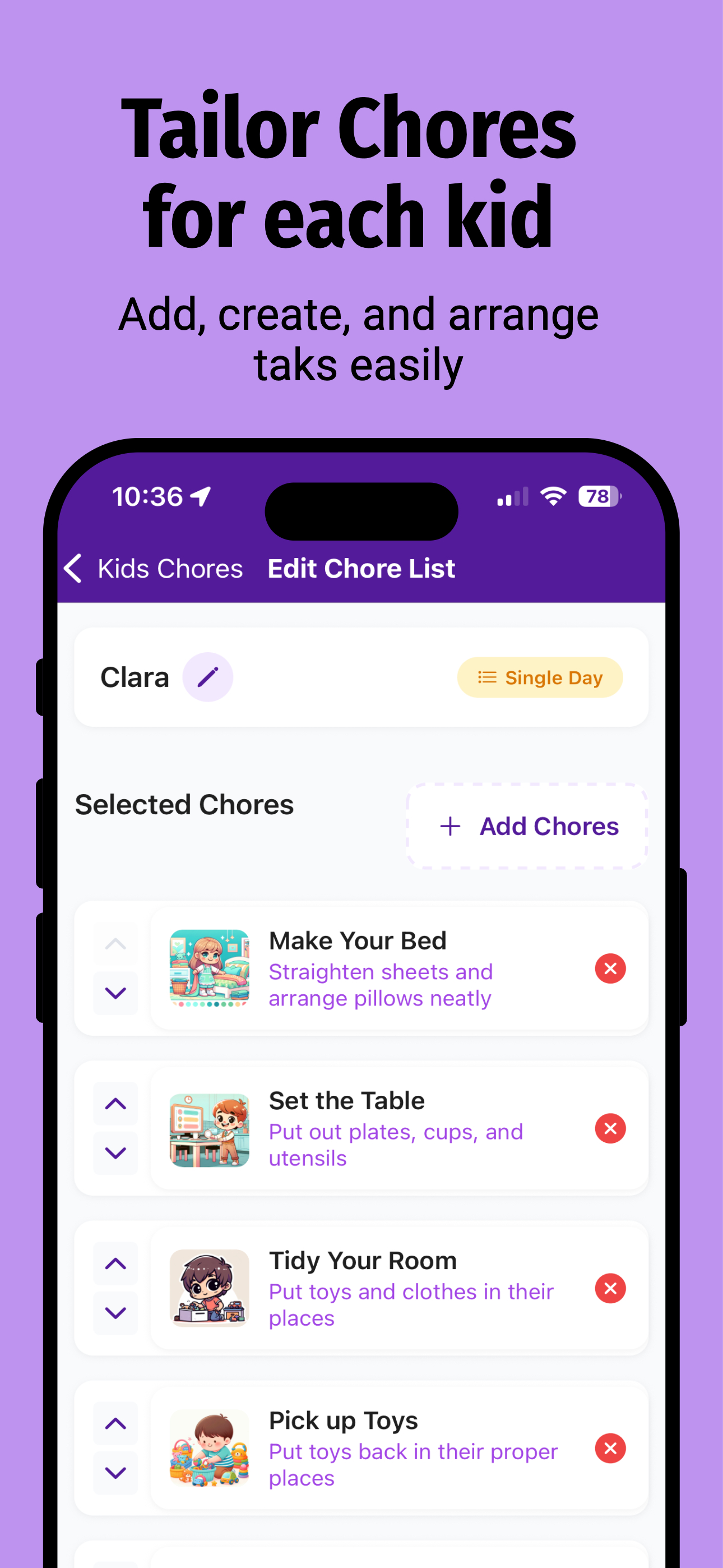 Kids Chore Planner - Choose from library of common chores