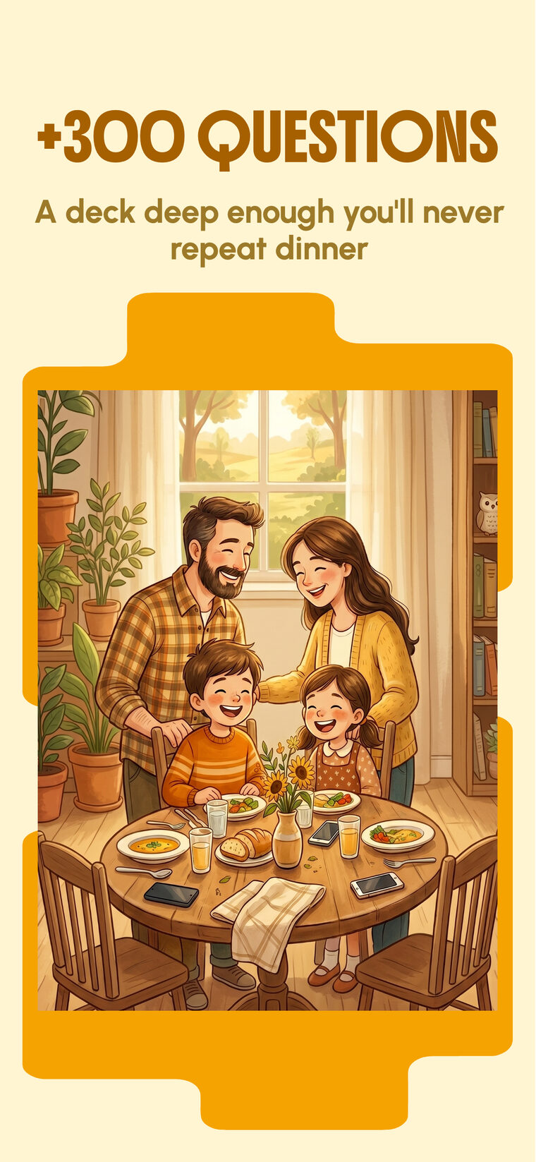 A family gathered around the dinner table, talking over a deck of questions